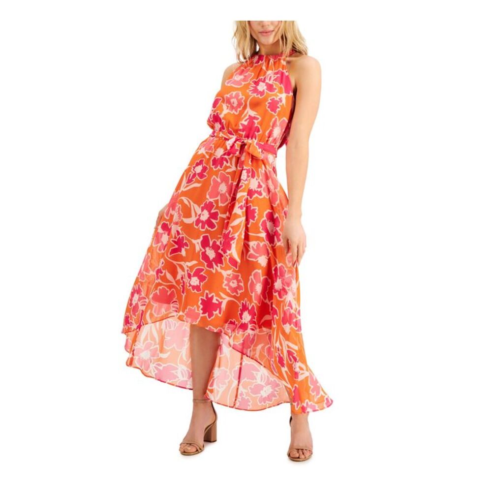 NWT INC DRESS Womens Orange Chiffon Sleeveless Halter Midi Party Hi-Lo Dress 10